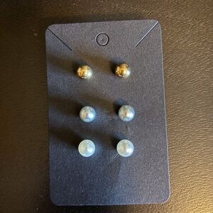 NEW 3 Pair Post Stud Earrings, Gold, Silver and Pearl